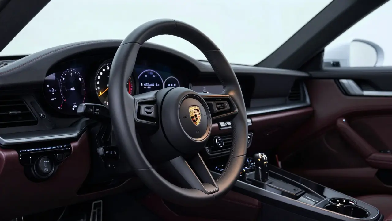 Interior de un Porsche 992 con volante de cuero y palanca de cambios manual iluminada suavemente.