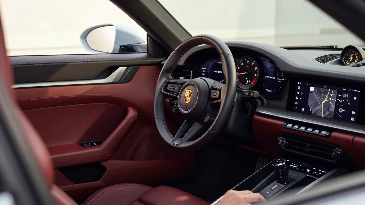 Interior del Porsche 911 S con asientos de cuero Nappa, Alcantara y pantalla digital del sistema PCM.
