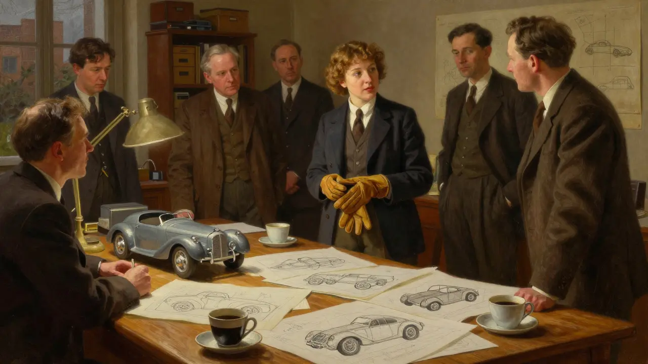 Lotte escucha a ingenieros en su hogar, con planos y tazas de café sobre la mesa, en un ambiente cálido y colaborativo.