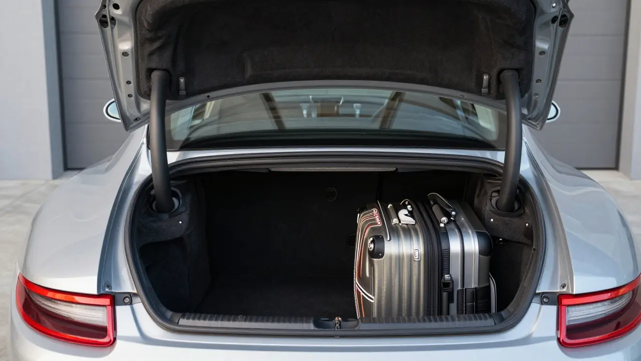 Maletero delantero abierto con equipaje deportivo ligero.