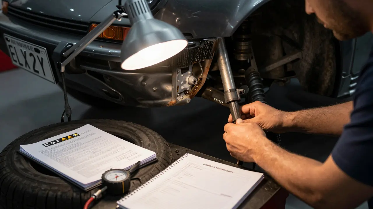 Mecánico inspeccionando el chasis de un Porsche 911 con herramientas y documentos de mantenimiento.