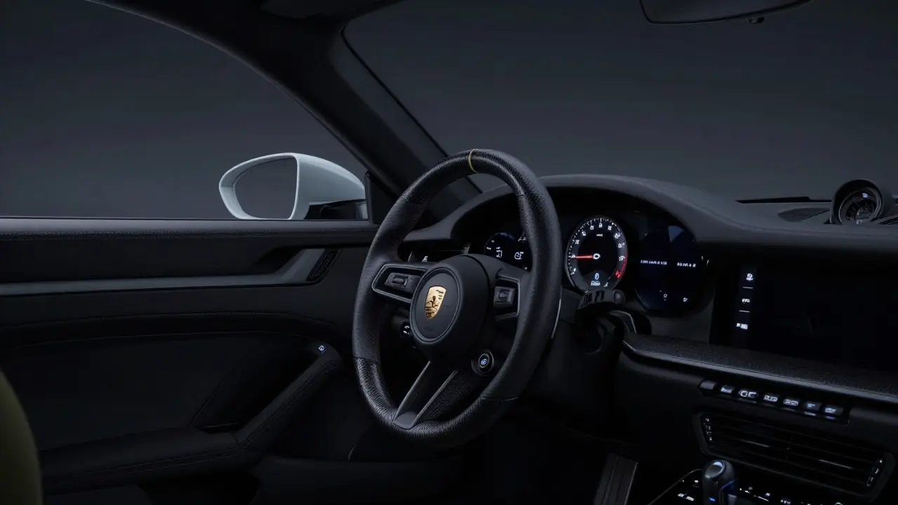 Minimalist interior of Porsche 911 GT3 RS with carbon steering wheel and RPM gauge glowing.