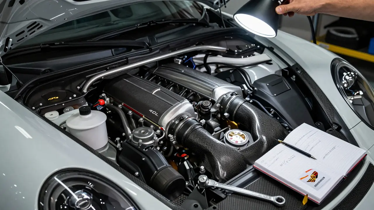 Motor de 4.0 litros del Porsche 911 GT3 RS expuesto bajo luz de inspección en un taller certificado.