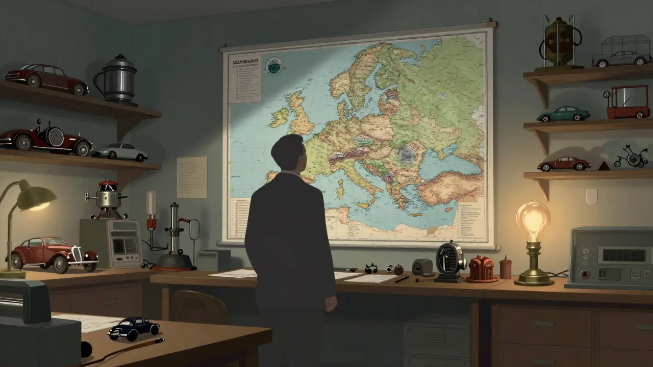 Oficina de ingeniería antigua con mapas y prototipos de vehículos.