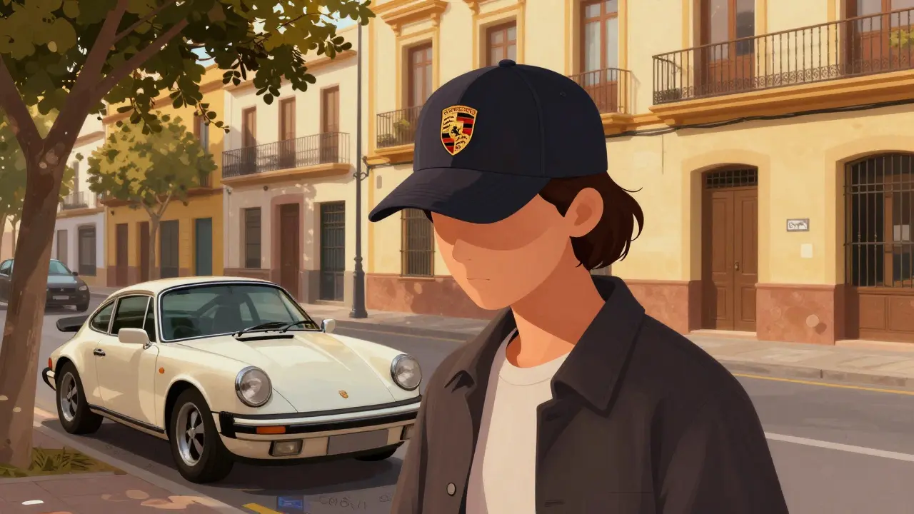 Persona con gorra Porsche caminando por Valencia al atardecer, junto a un Porsche 911 clásico, con siluetas sutiles de otras marcas.