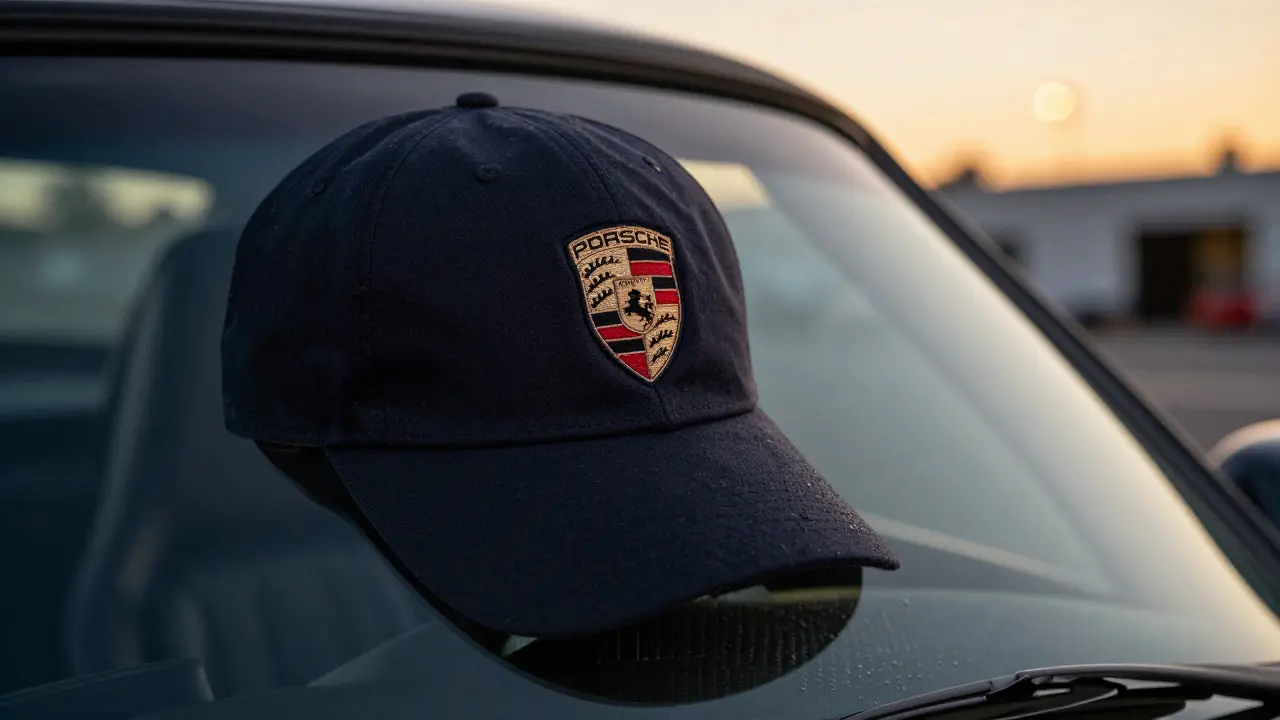 Persona usando gorra Porsche 911 Classic al volante al atardecer, con visera rígida y logo bordado visible.