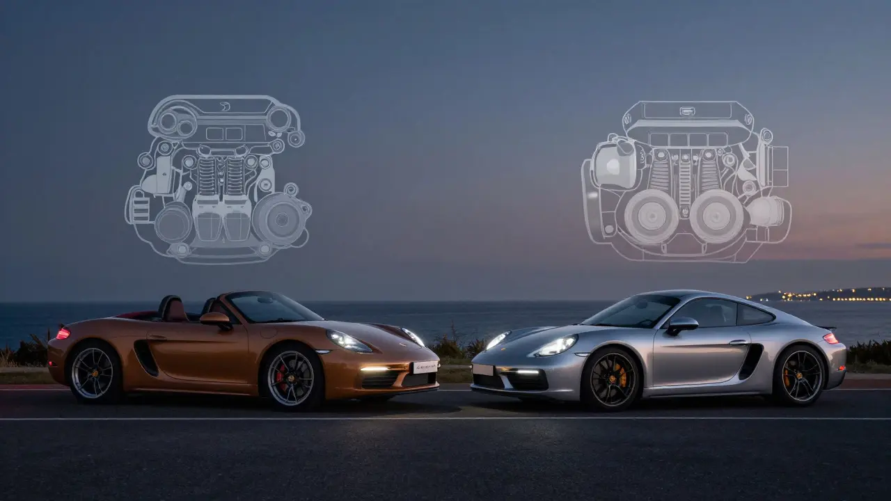 Porsche 718 Boxster and 911 parked side by side on a coastal road at dusk.