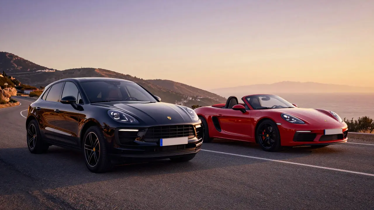 Porsche 718 rojo y Macan negro estacionados en carretera costera al atardecer.