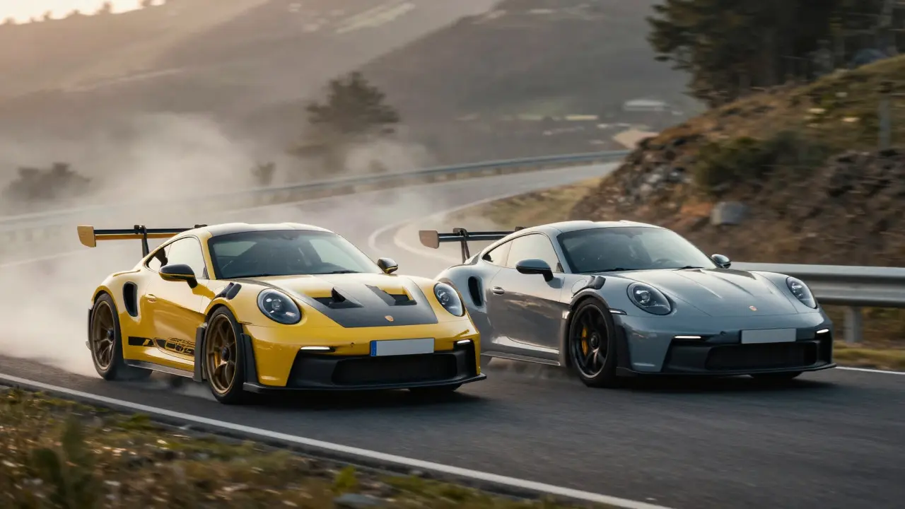 Porsche 911 GT3 RS leading Turbo S on winding road at dawn, symbolizing track superiority.