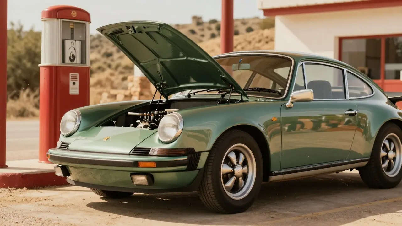 Porsche 911 S de 1973 estacionado junto a una gasolinera antigua en España, luz solar cálida resaltando su carrocería verde.