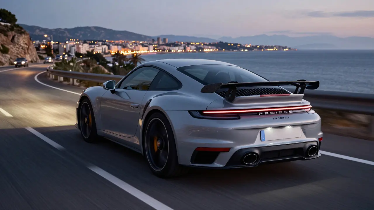 Porsche 911 Turbo S en movimiento por una carretera costera española al atardecer.