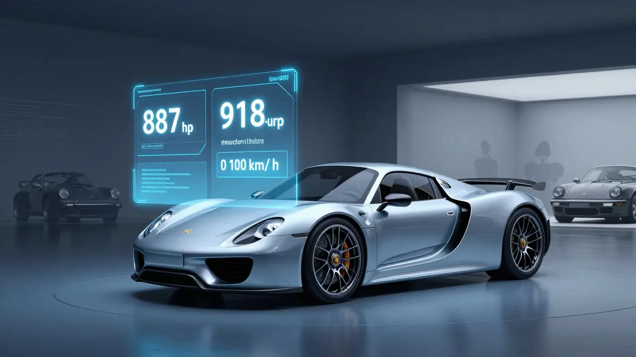 Porsche 918 Spyder como pieza de museo con datos holográficos sobre su rendimiento.