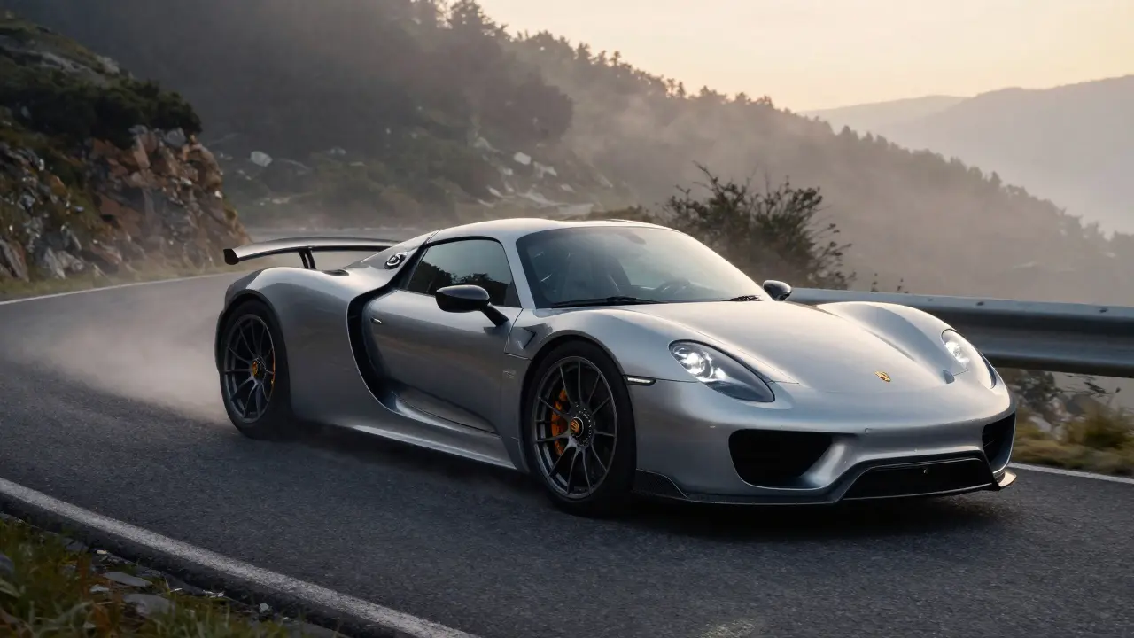 Porsche 918 Spyder en una curva de montaña al amanecer, con tecnología híbrida visible.