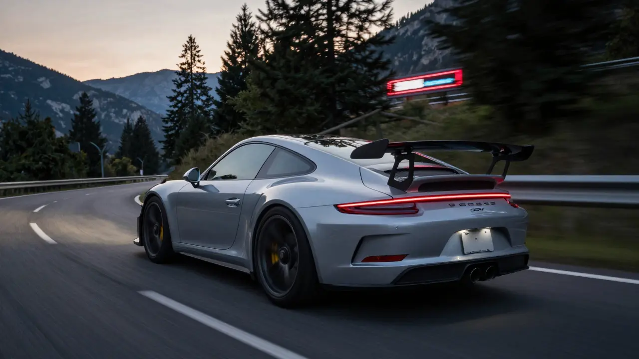 Porsche 991.2 GT3 en alta velocidad por una carretera montañosa al atardecer.