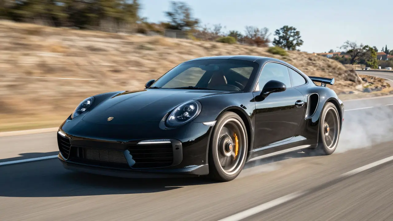 Porsche 991.2 Turbo S arrancando desde el reposo, con neumáticos lanzando humo y fondo borroso de carretera.