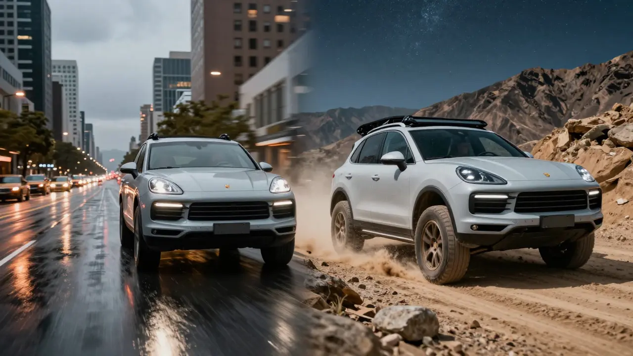 Porsche Cayenne en dos entornos: ciudad lluviosa y sendero montañoso, mostrando versatilidad.