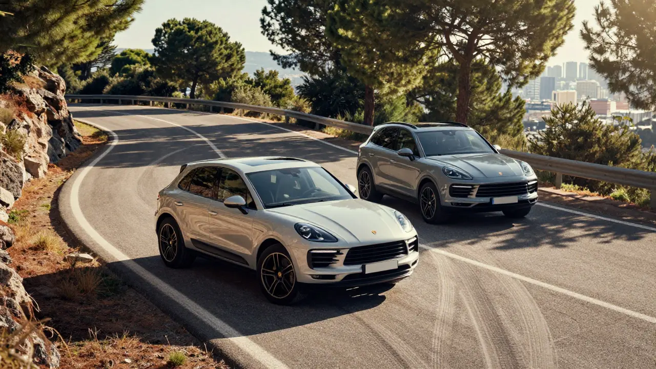 Porsche Macan Turbo y Cayenne Turbo recorriendo una carretera montañosa en España, destacando agilidad vs potencia.