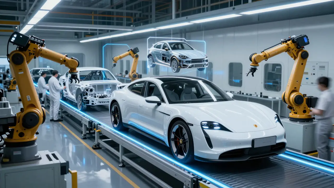 Porsche Taycan en línea de producción con etapas visibles: chasis, pintura y costura interior.