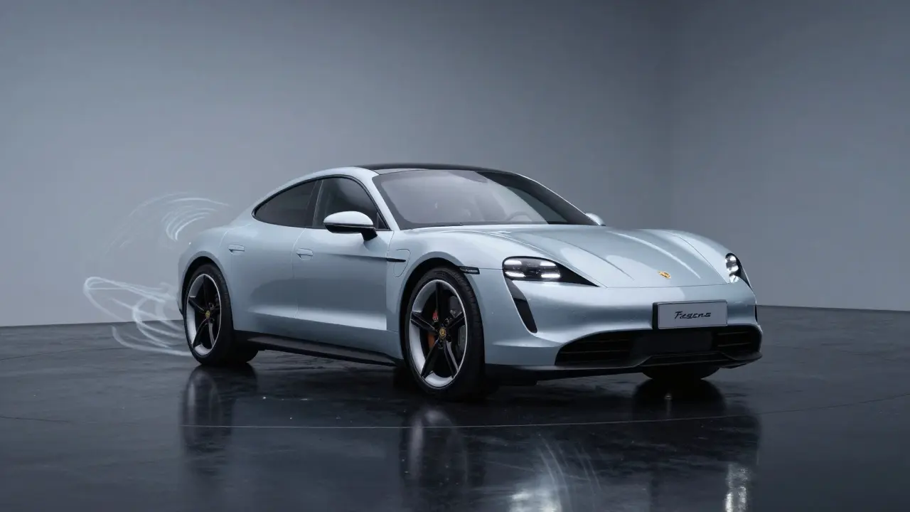 Porsche Taycan Turbo S flotando sobre superficie negra con luces eléctricas brillantes y tonos azules.