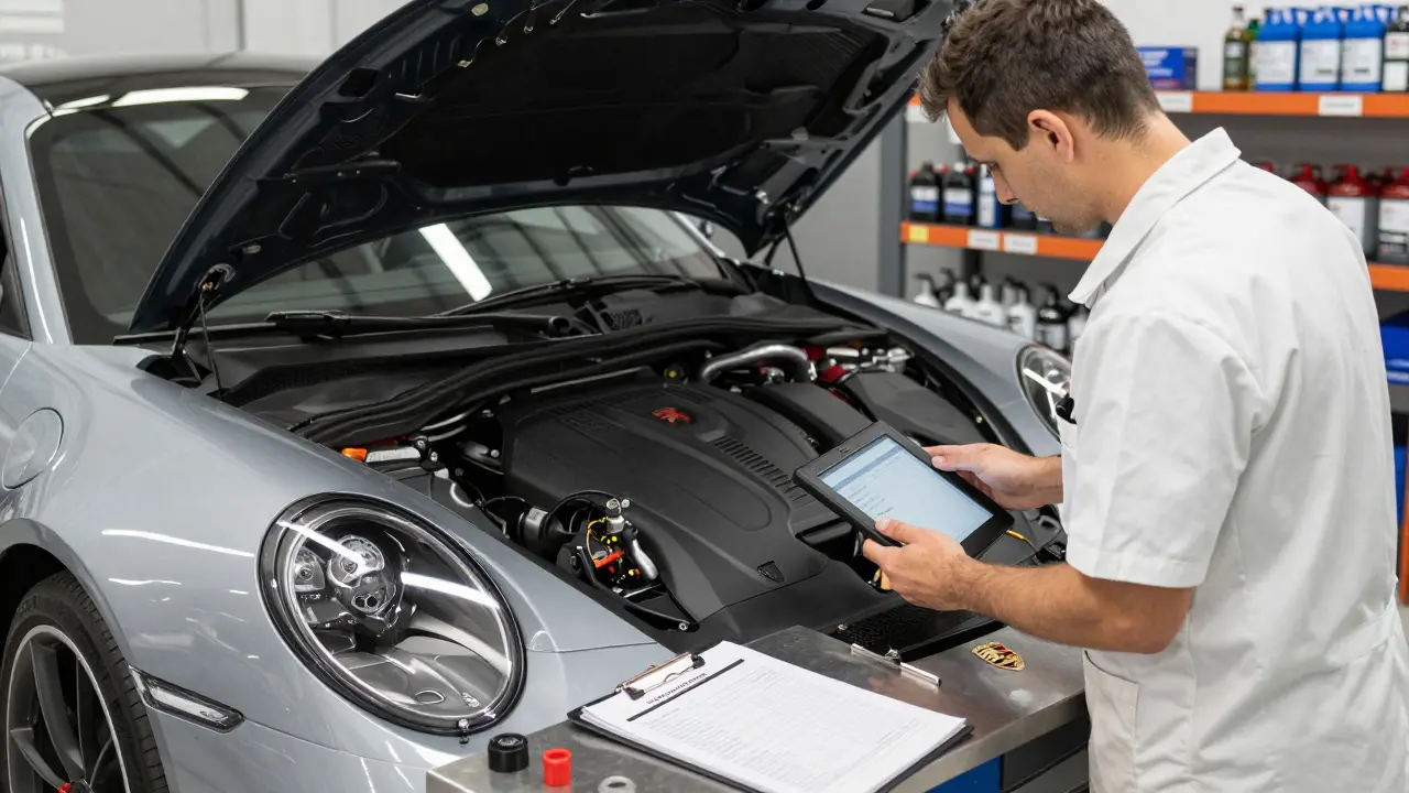Técnico en taller oficial Porsche inspeccionando un GT3 de 2020 con tabla de mantenimiento y herramientas ordenadas.