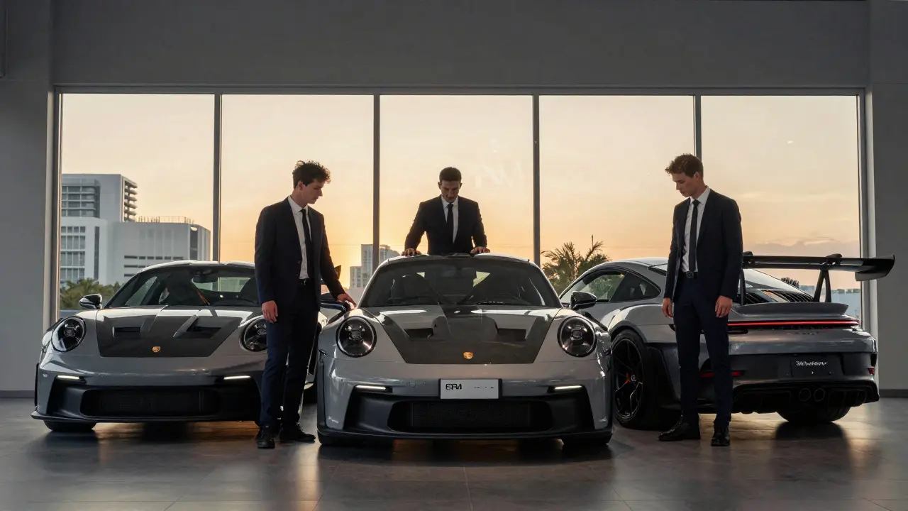 Tres coleccionistas observan reverentemente un Porsche 911 GT3 RS en un showroom con luz de atardecer.