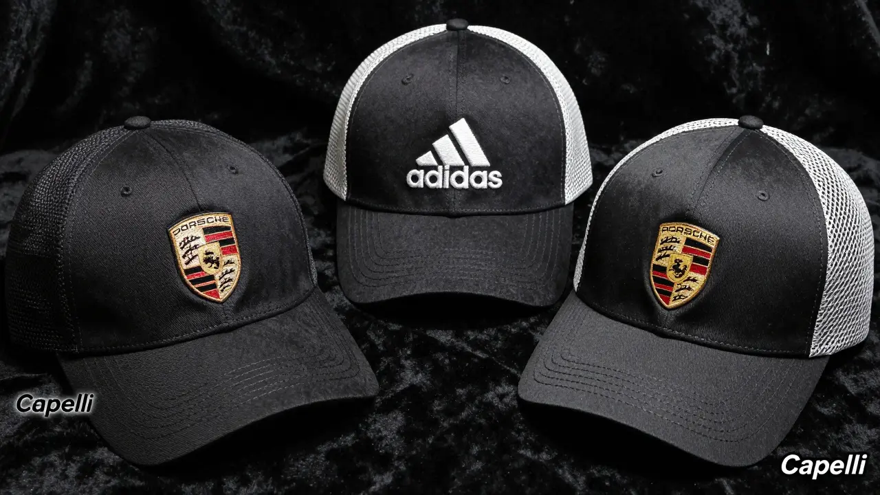 Tres gorras de lujo: Porsche Design, Adidas x Porsche y Capelli, sobre terciopelo negro.