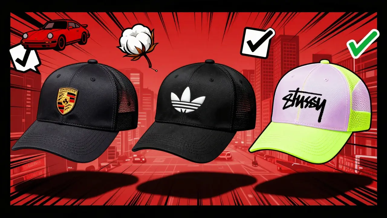 Tres gorras inspiradas en Porsche: clásica, Adidas y Stüssy, flotando con efectos de movimiento y símbolos automotrices.