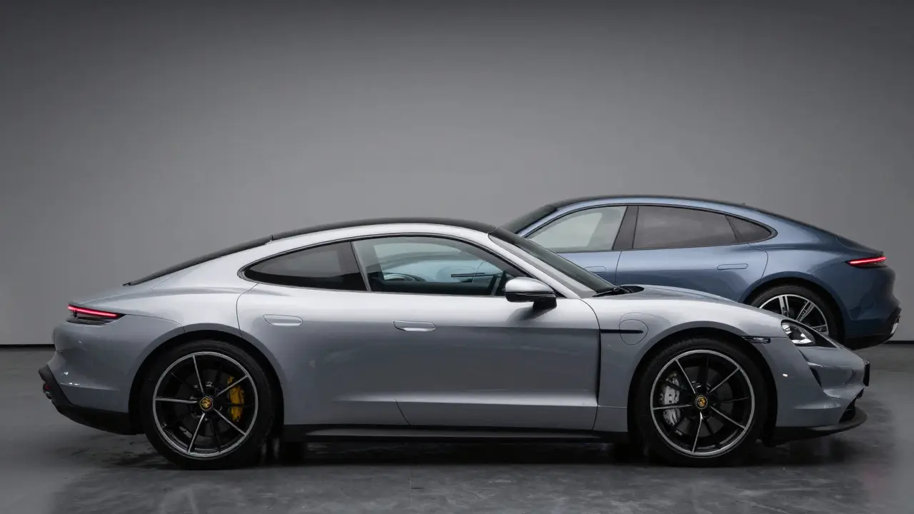 Tres modelos deportivos Porsche en exposición con iluminación dramática