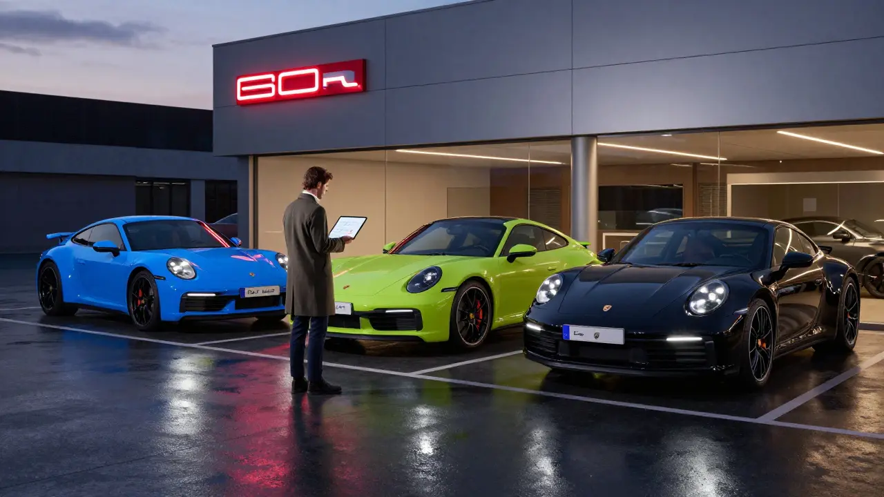 Tres Porsche 911 S de colores personalizados en un concesionario de Madrid al atardecer.