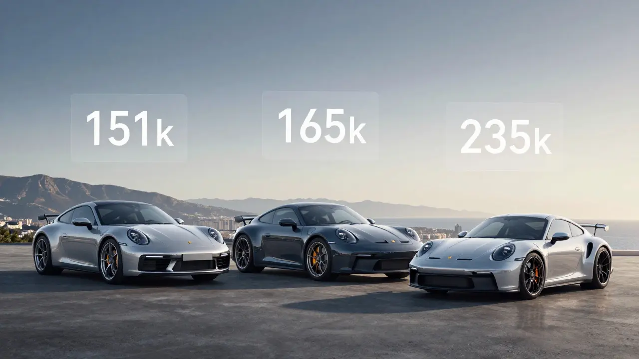 Tres versiones del Porsche 911 alineadas con precios flotantes: Carrera, Carrera S y GT3.