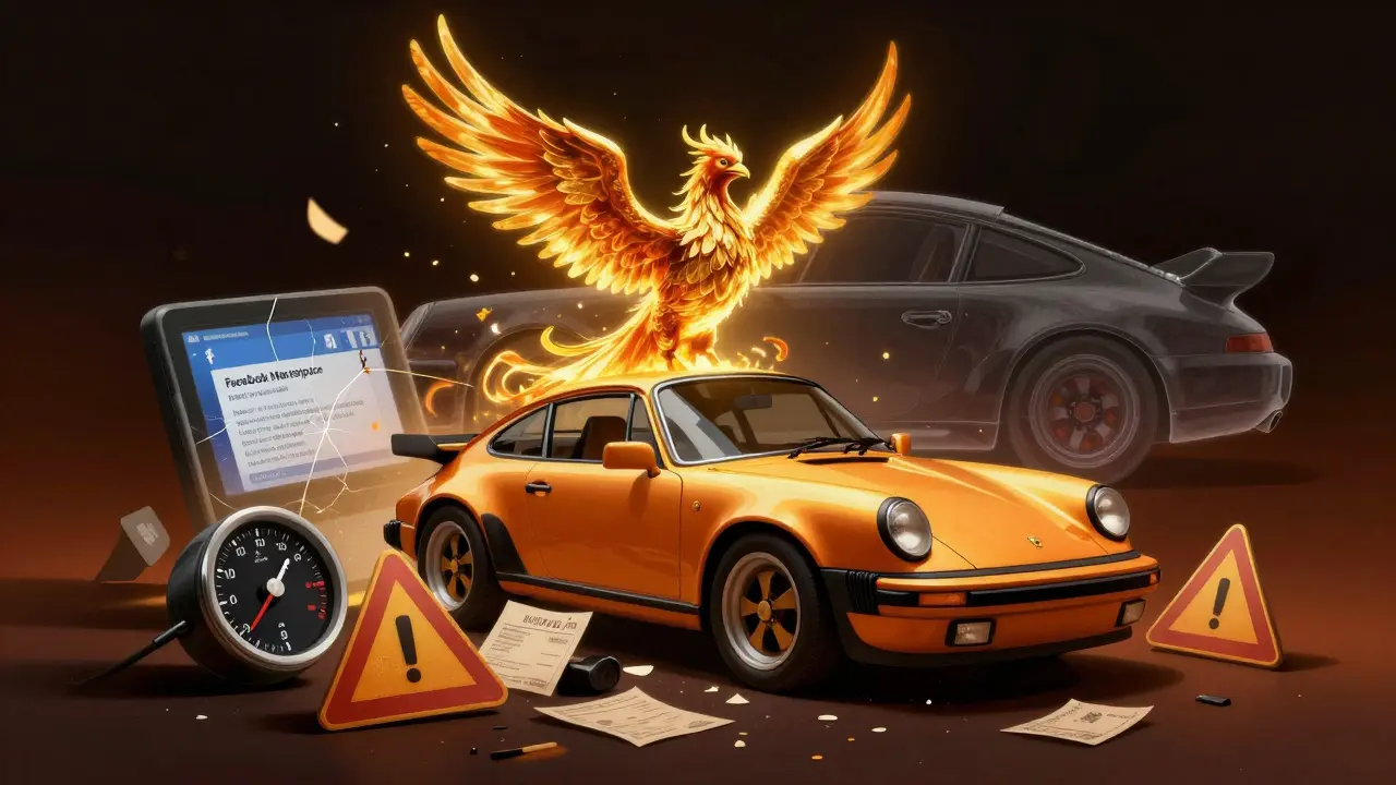 Un Porsche 911 clásico emergiendo de elementos digitales falsos como un símbolo de autenticidad.