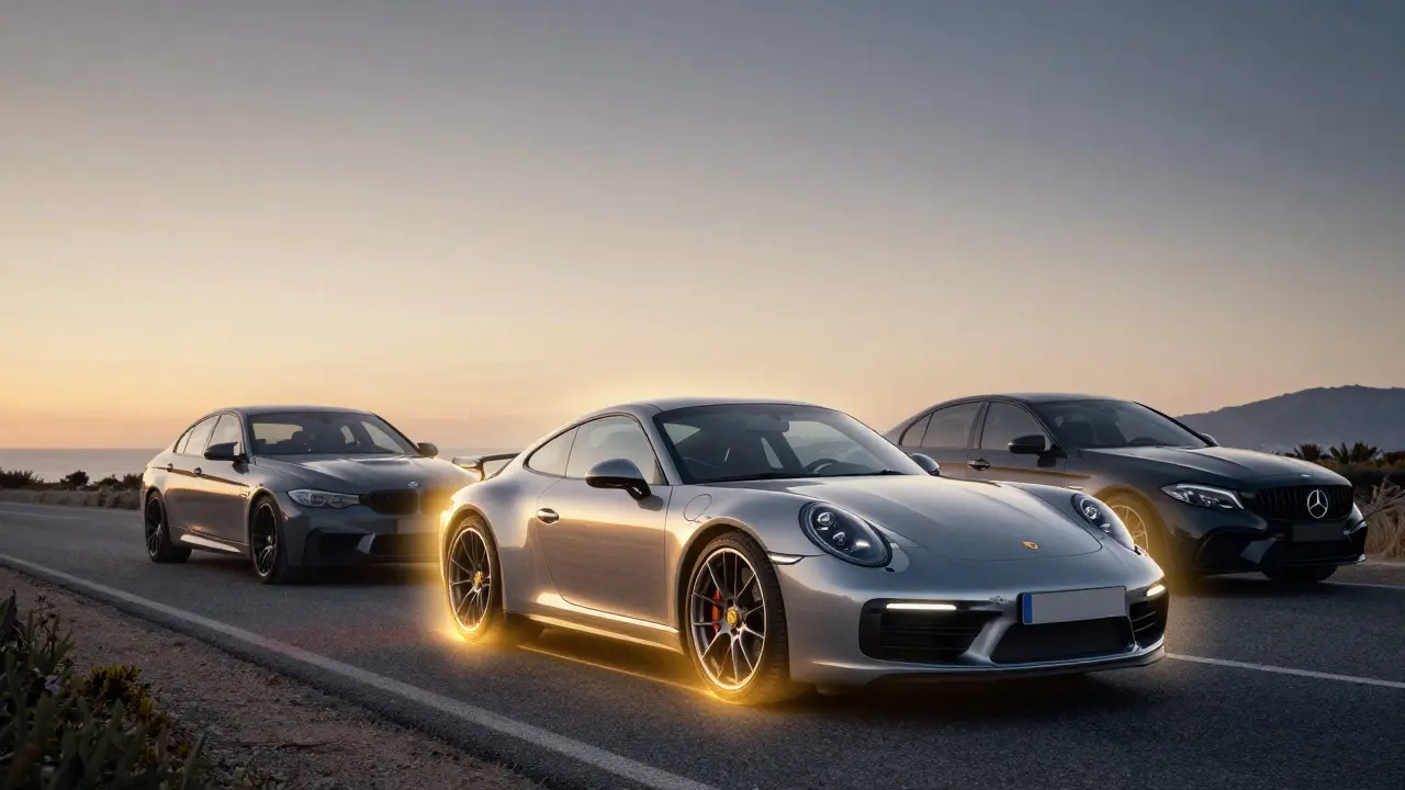 Un Porsche 911 de 2015 en una carretera española con un resplandor dorado, mientras otros deportivos de lujo se desvanecen en la sombra.