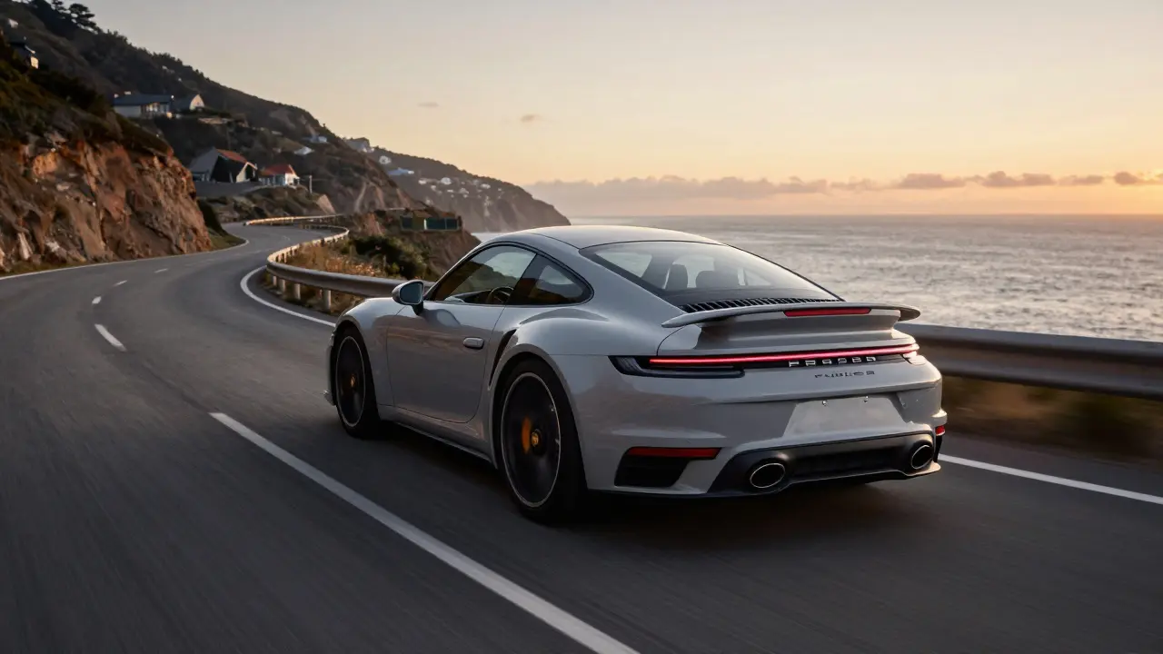 Un Porsche 911 Turbo S acelerando en una carretera costera al atardecer con el mar al fondo.