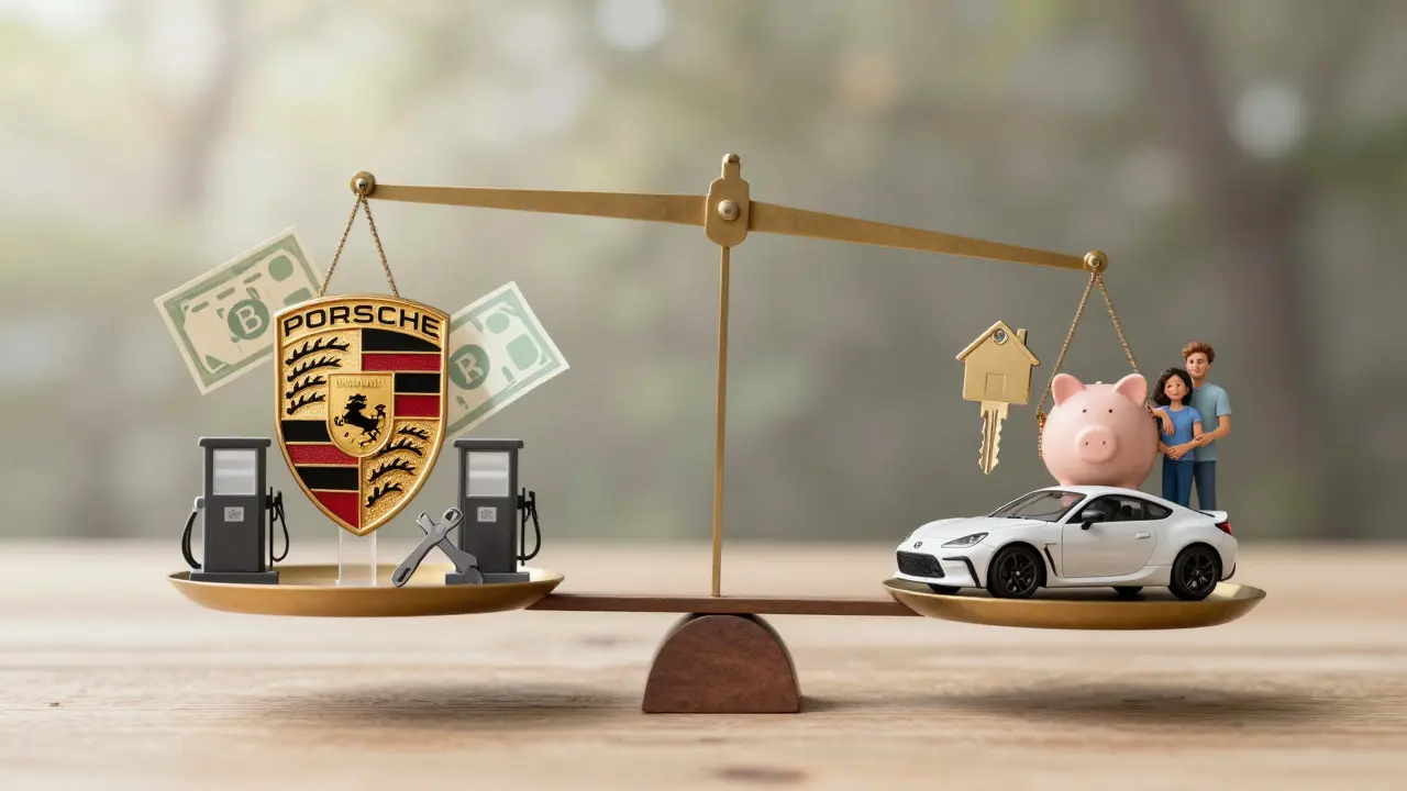 Una balanza que compara un Porsche con un Toyota GR86, simbolizando el costo financiero frente a la libertad y estabilidad.