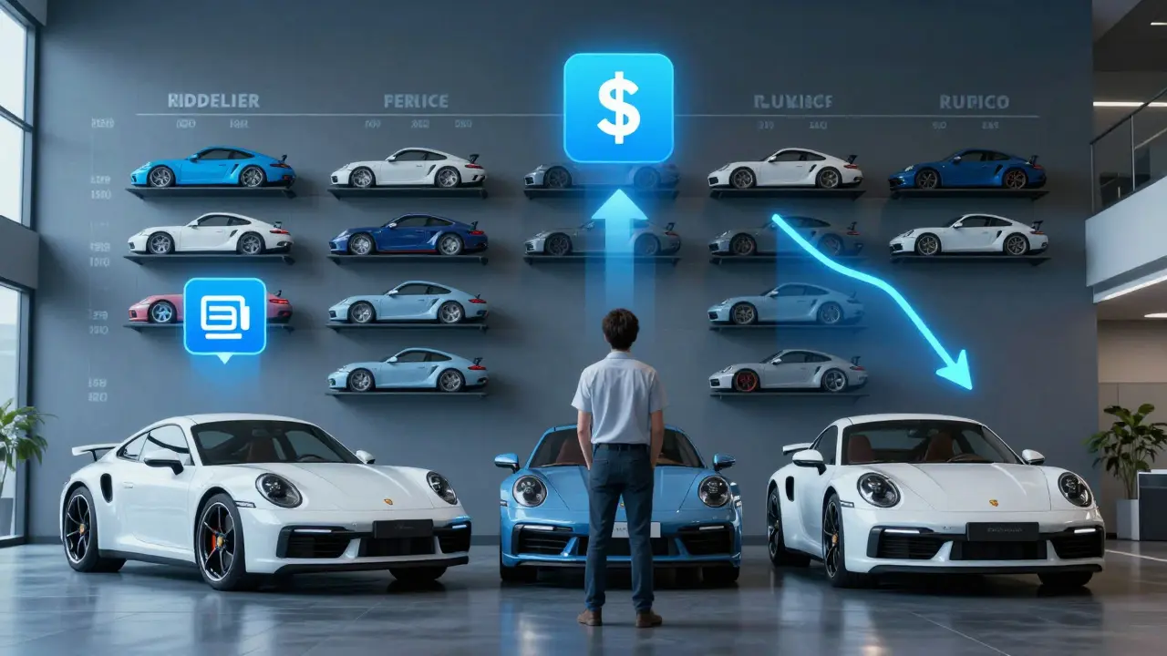 Una pared con modelos Porsche 911 ordenados por precio, rodeada de íconos de costos ocultos como impuestos y seguros.