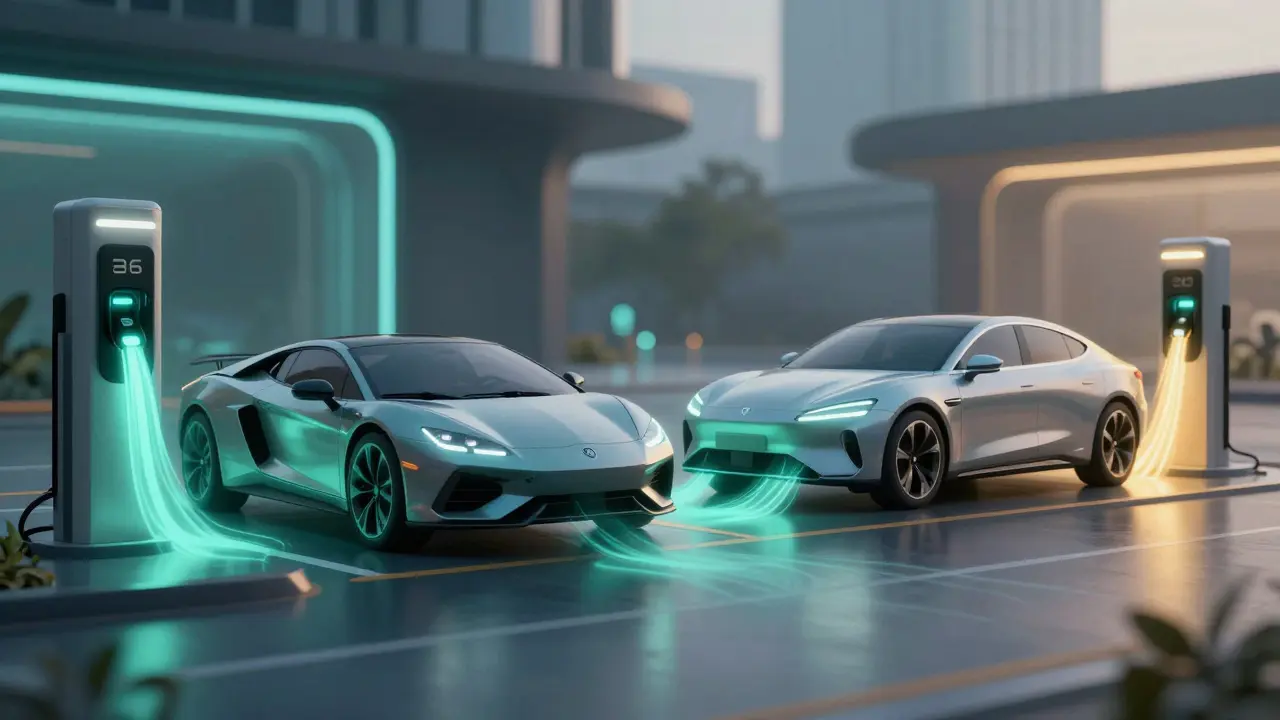 Vehículos eléctricos de lujo conectados a cargadores urbanos