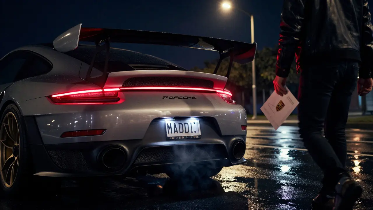 Vista trasera de un Porsche GT2 RS bajo luces de ciudad con lluvia, certificado de autenticidad en segundo plano.