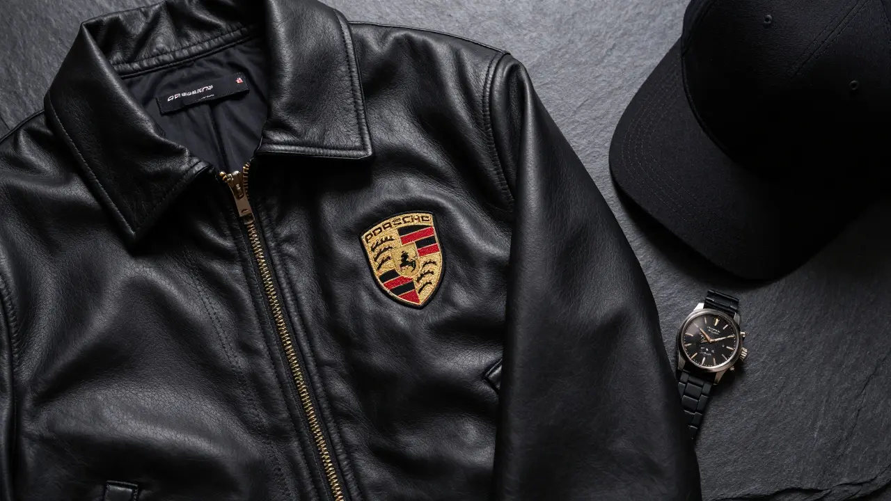 Accesorios de lujo de Porsche, incluyendo chaqueta y reloj con el escudo bordado.