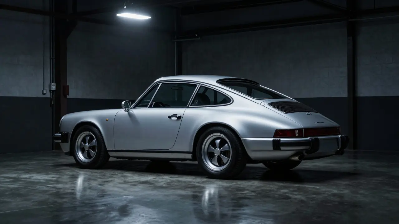 Clásico Porsche 911 de los años 80 en un garaje industrial con iluminación dramática.