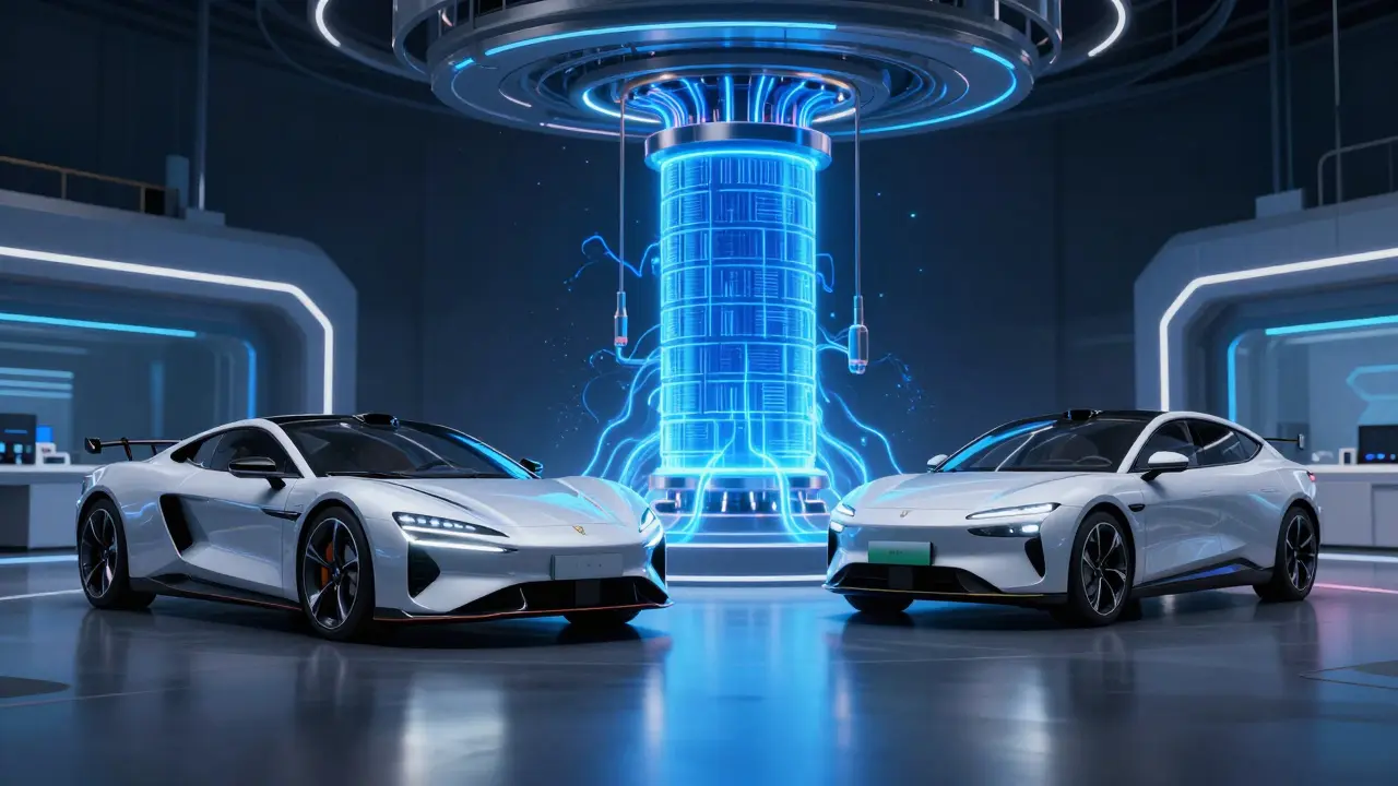 Coches eléctricos modernos conectados a una plataforma de batería tecnológica avanzada.