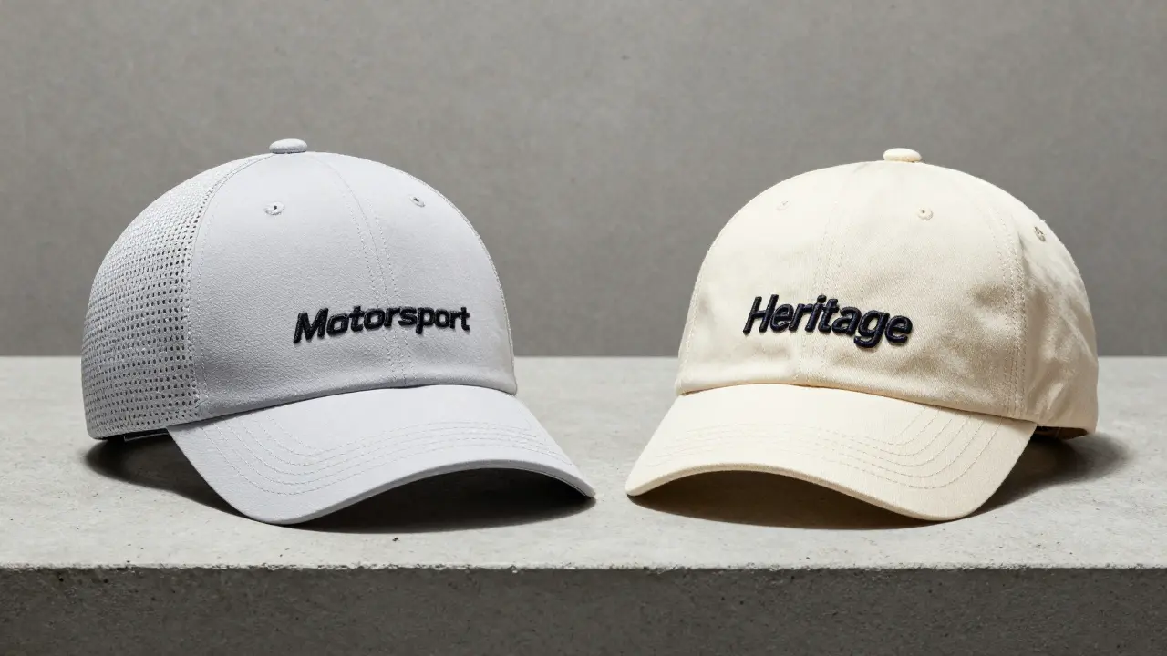 Comparación visual entre una gorra Porsche Motorsport técnica y una Heritage retro.