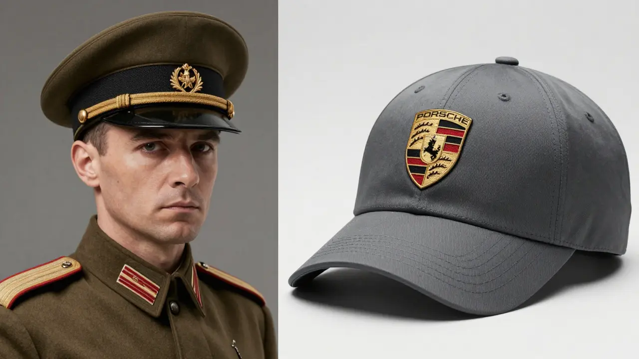 Comparativa visual entre una gorra militar clásica y una gorra deportiva de Porsche.