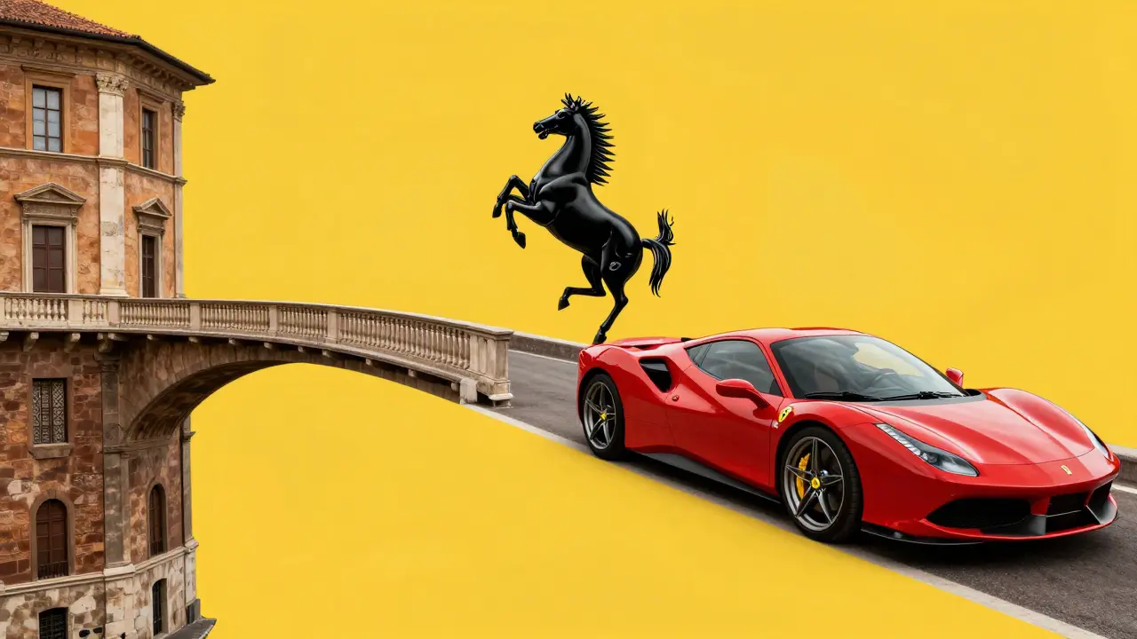 Composición artística que combina el amarillo de Módena con la silueta de un Ferrari rojo.