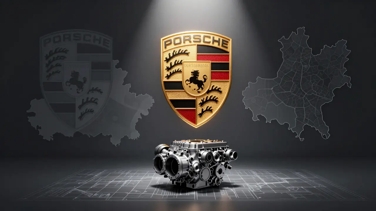 Composición conceptual del logo de Porsche sobre planos de ingeniería y mapas de Stuttgart.