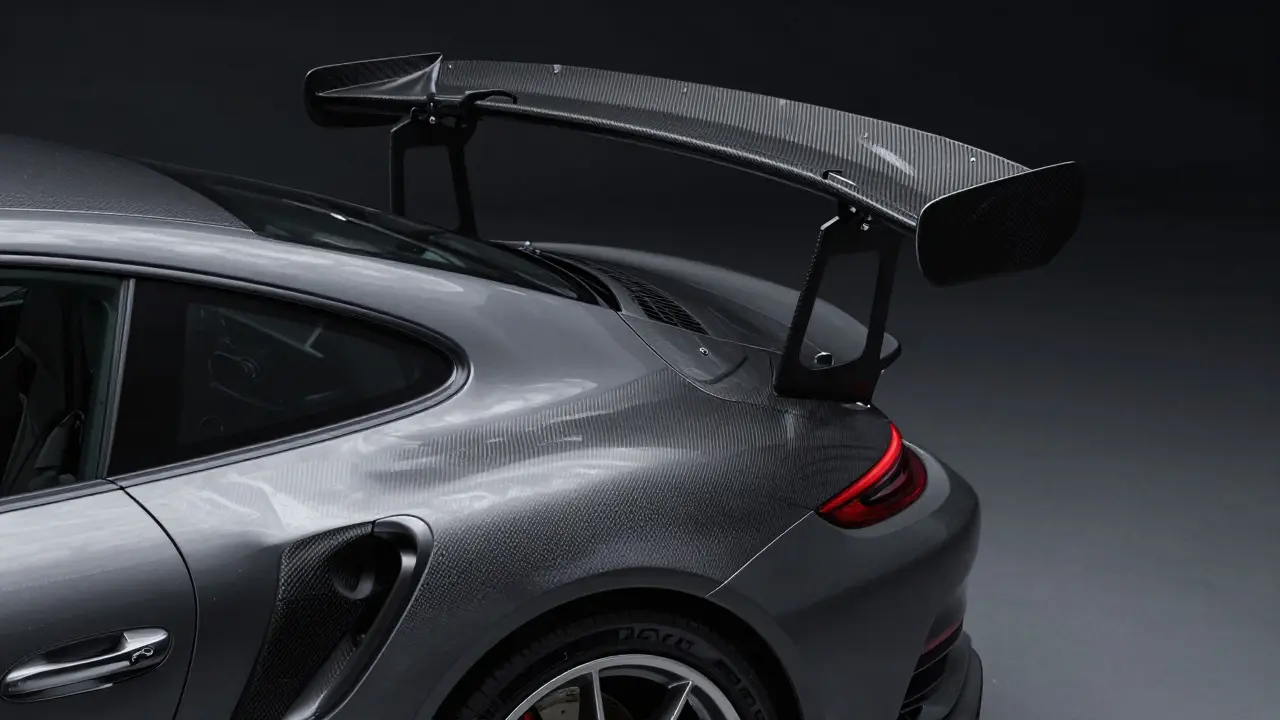 Detalle cercano del alerón de fibra de carbono y llantas de un Porsche 911 GT3 RS