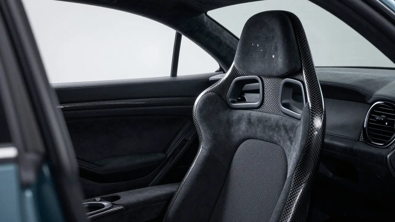 Detalle de asiento de fibra de carbono y Alcantara de un interior de Porsche RS.