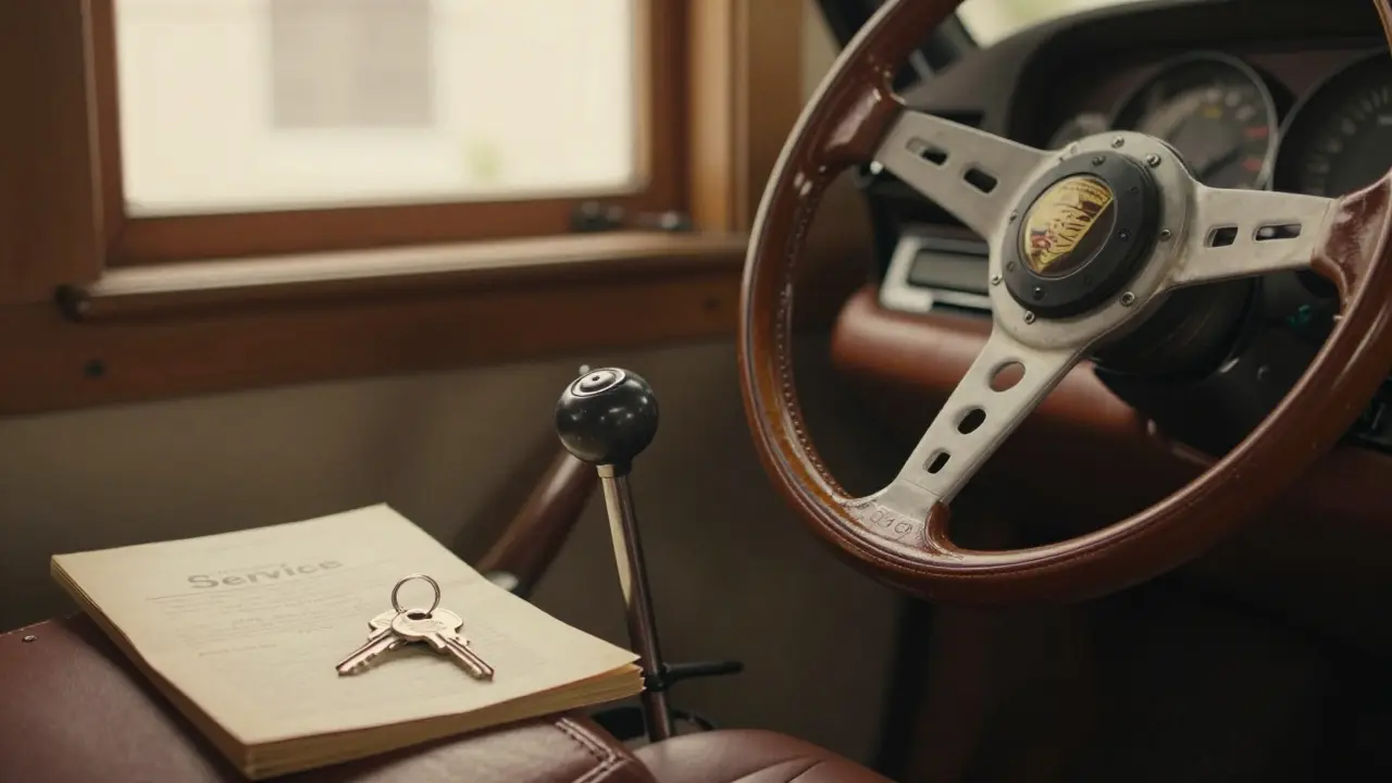 Detalle de palanca de cambios manual y libro de revisiones de un Porsche clásico