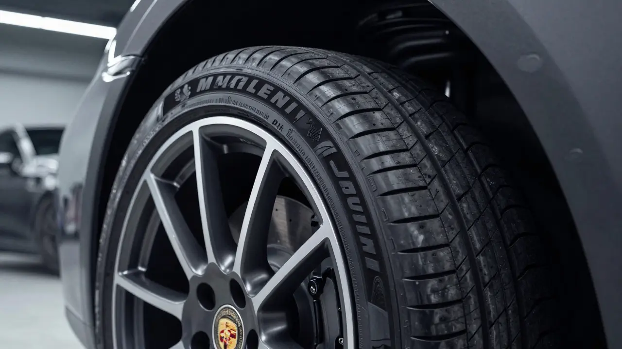 Detalle de un neumático de alto rendimiento siendo instalado en la llanta de un Porsche.
