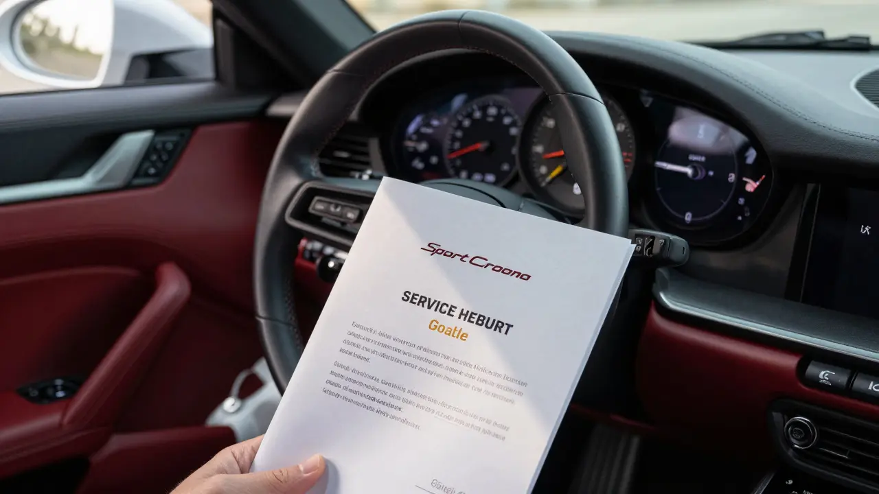 Detalle del cronómetro Sport Chrono y libro de mantenimiento de un Porsche 911.