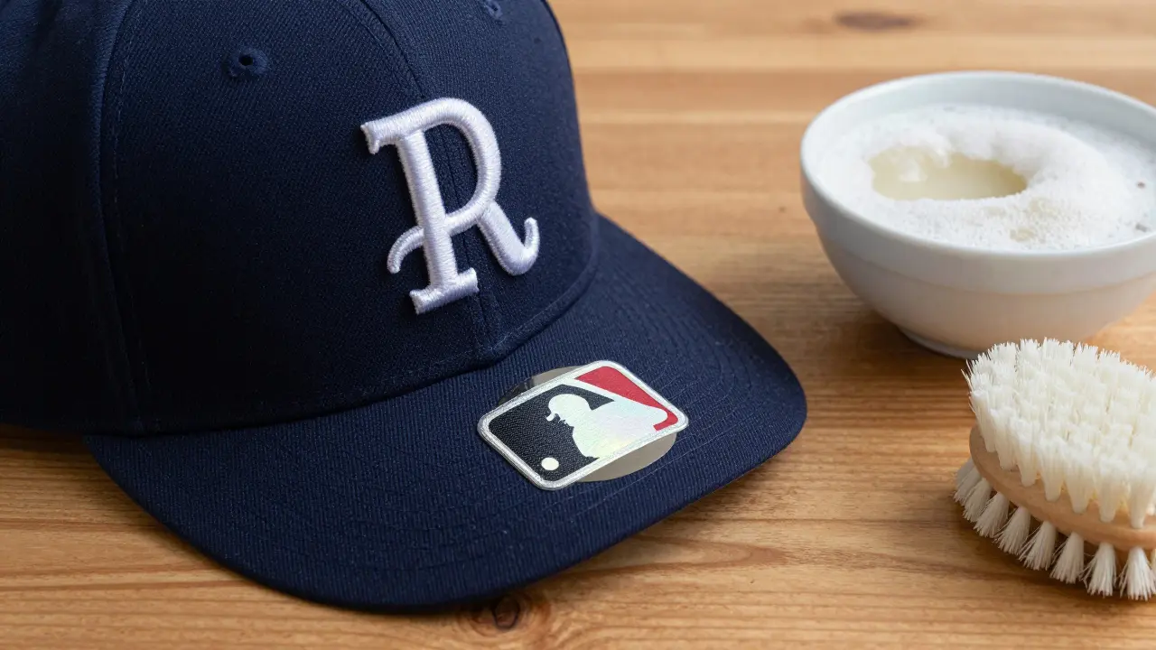 Detalle del holograma de autenticidad de una gorra MLB junto a kit de limpieza manual.